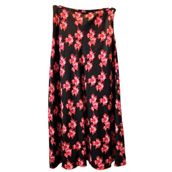 Valerie Stevens SILK Cherry Blossom Print Maxi Skirt Size 10 Black Pink Coral